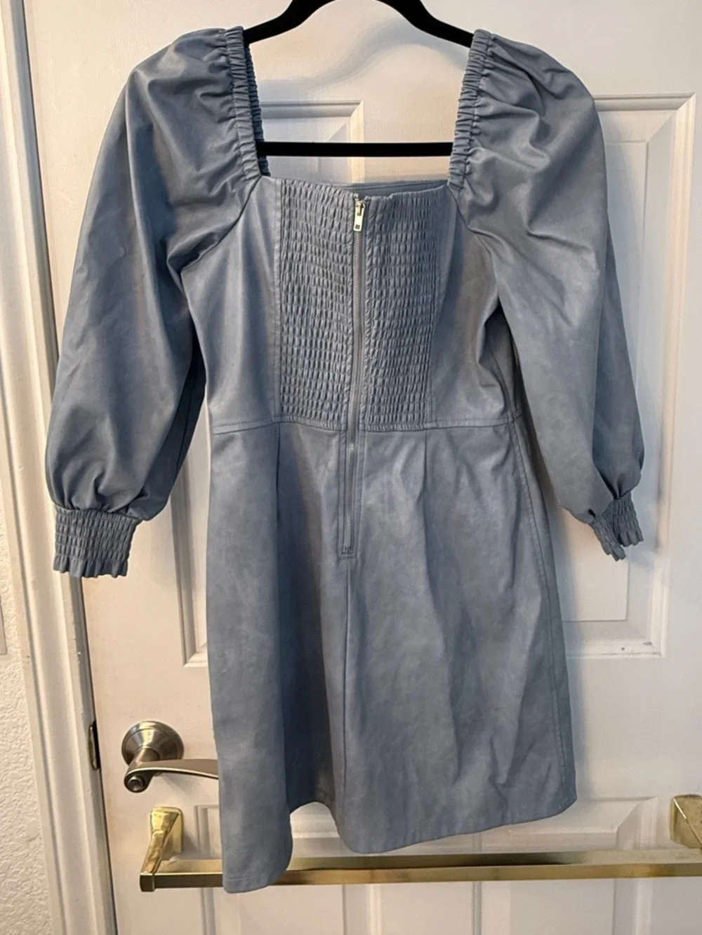 7 For All Mankind Faux Leather Light Blue Puff-Sleeve Mini Dress - Picture 2 of 2